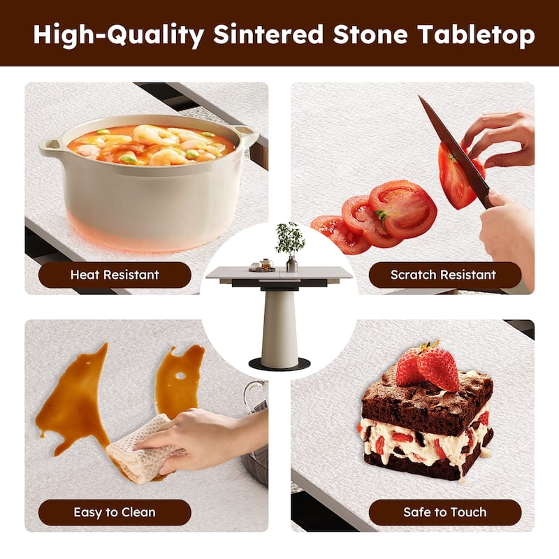 Retractable Rock Slab Dining Table Set, Modern 5-Piece Expandable Table with 4 Wooden Leg Chairs & Leather-Wrapped Base