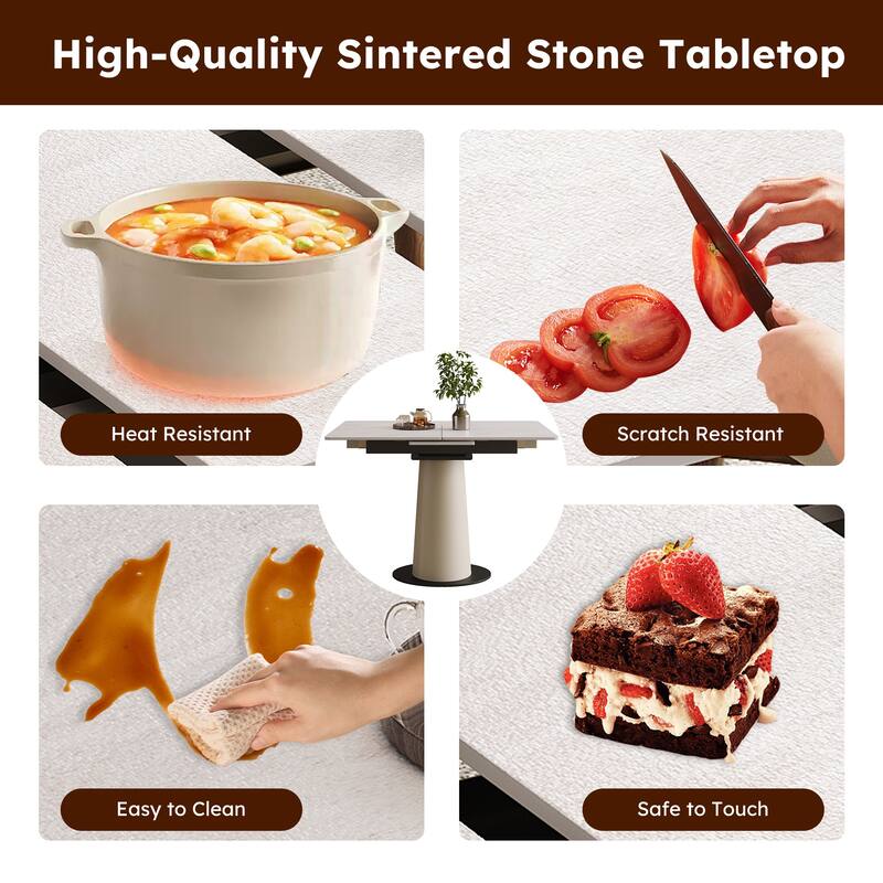 Roomfitters Retractable Rock Slab Dining Table Set, Modern Expandable Square Table with 6 Chairs, White