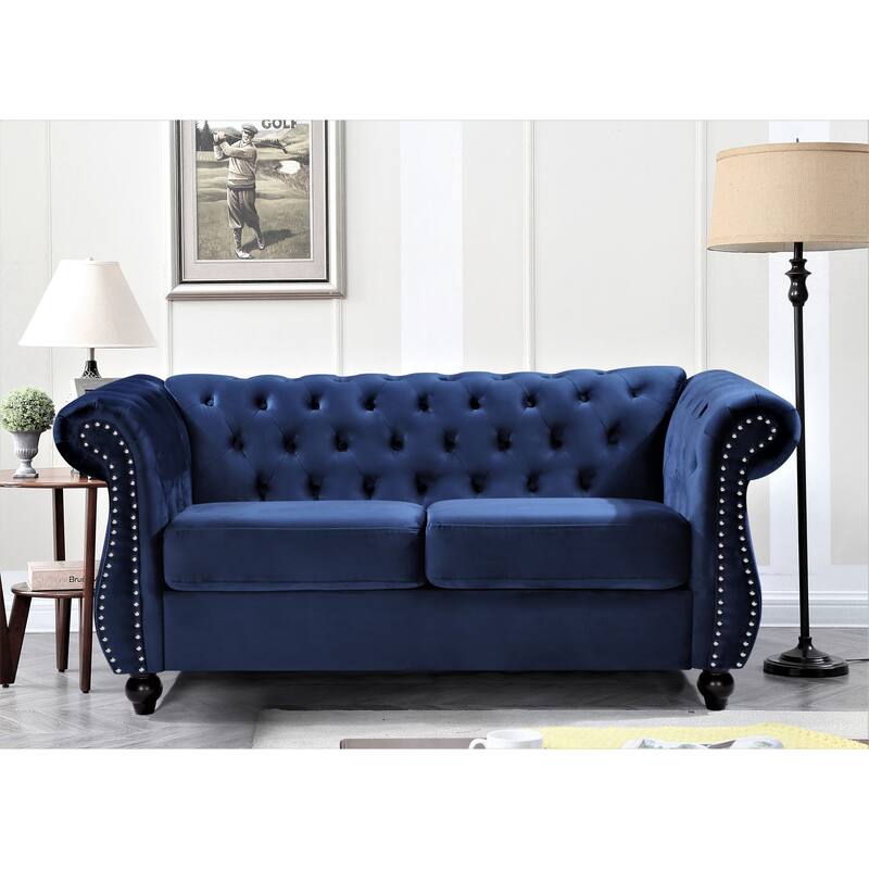 US PRIDE Kemos Velvet Chesterfield Loveseat - Dark Blue