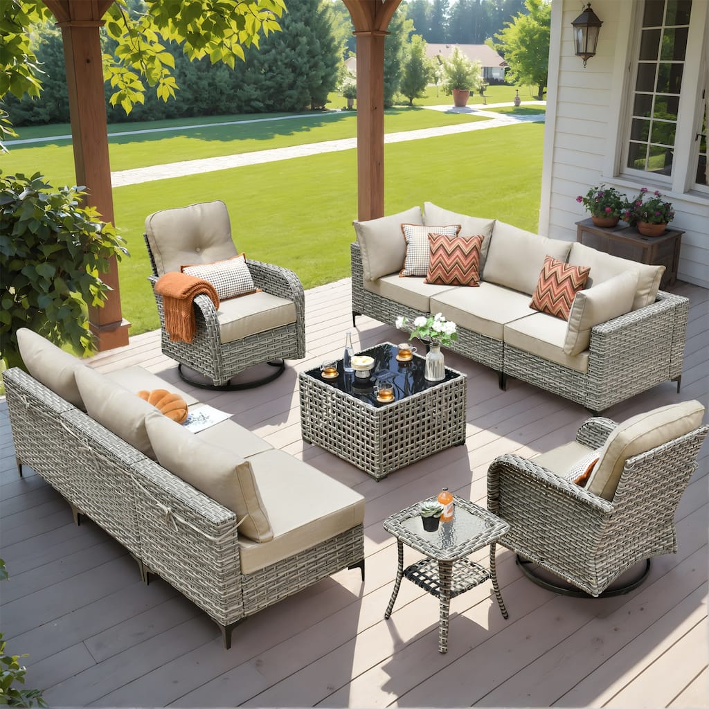 HOOOWOOO 10-piece Outdoor Furniture Wicker Swivel Rocking Chair Set