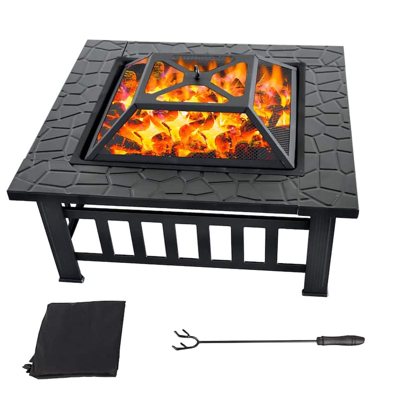 32" Square Fire Pit Table with Screen Lid, Poker, Cover. Outdoor Wood Burning Firepit for Patio & Backyard