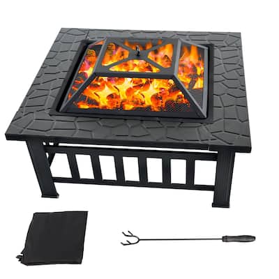 32" Square Fire Pit Table with Screen Lid, Poker, Cover. Outdoor Wood Burning Firepit for Patio & Backyard