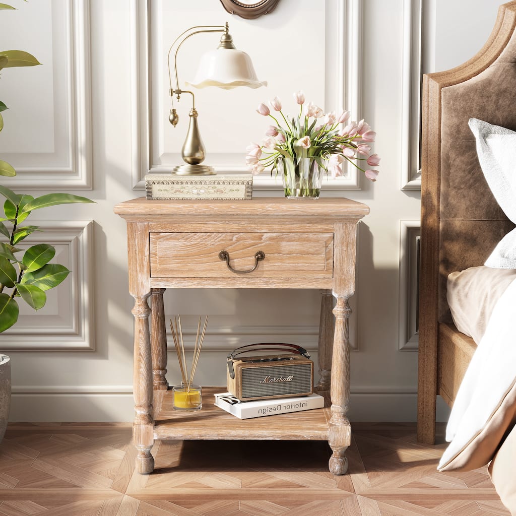 Pellebant Nightstand 2-Tier Oak Bedside Table with Drawer and Storage Shelf