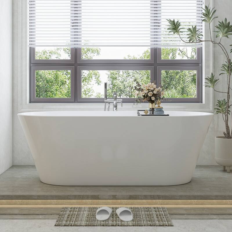 Vanity Art 59" Non-Slip Acrylic Freestanding Soaking Bathtub with Overflow & Pop-up Drain - 59/Soaking - White/Brushed Nickel