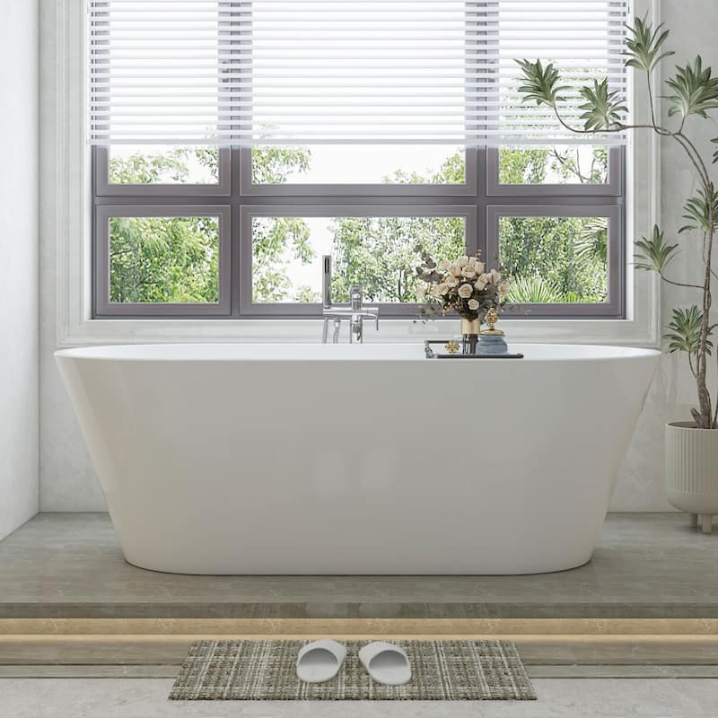 Vanity Art 67" X 32" Non-Slip White Acrylic Freestanding Bathtub - White/Brushed Nickel