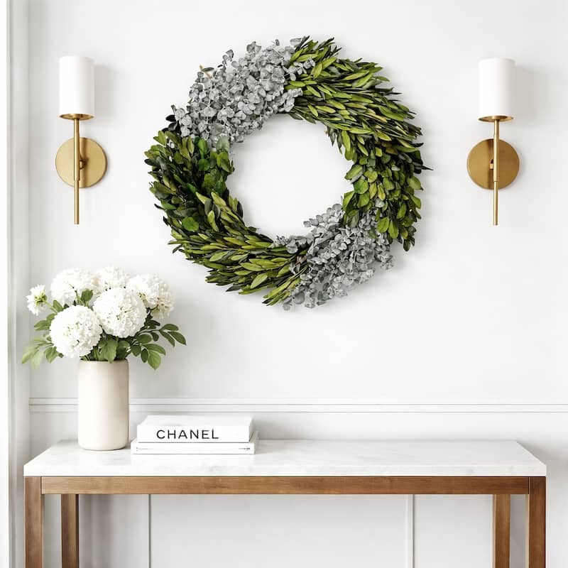 Preserved Decorative Dried Real Eucalyptus and Boxwood Wreath 21 Inch - Green