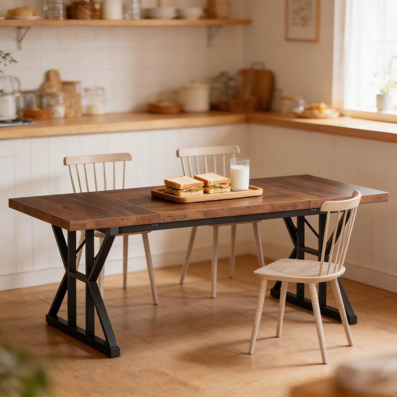 Farmhouse Dining Table Trestle Base Metal Accents Seats 6 Versatile Use