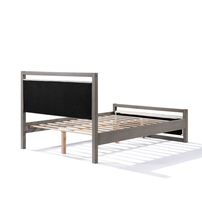 Roomfitters Wood Platform Bed Frame with Ivory Boucle Fabric Headboard and Underbed Storage, Grey and Ivory