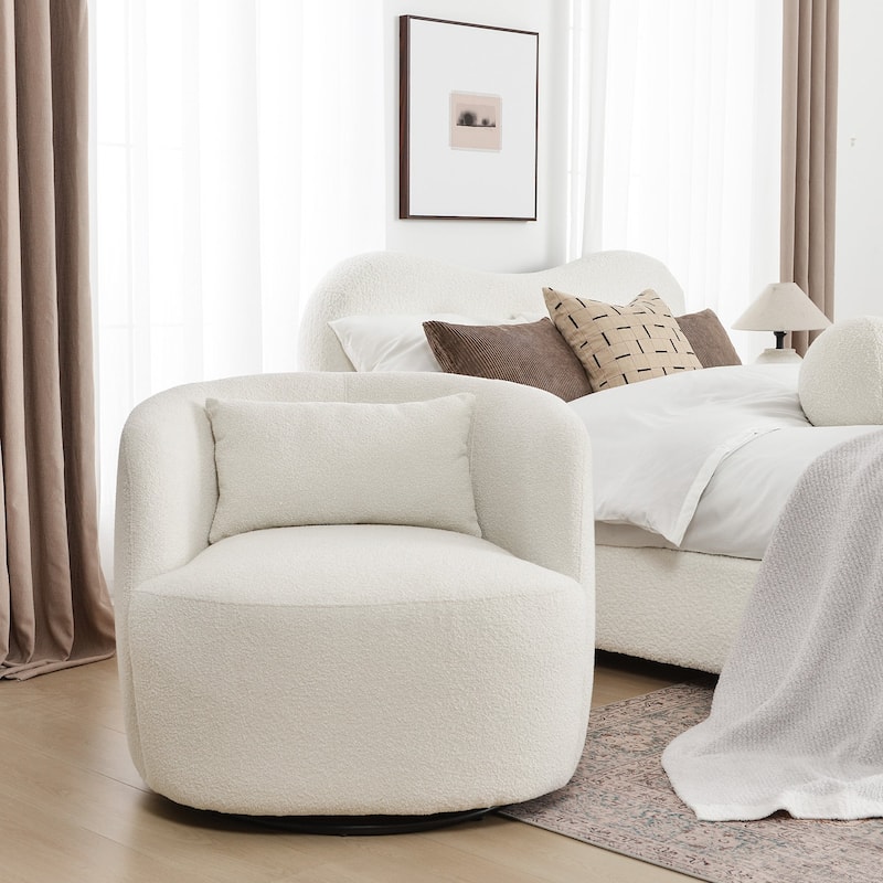 KINWELL 34" Poly Blend Boucle Fabric Upholstered Swivel Armchair