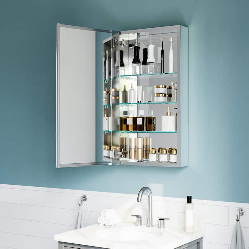 16x30" Tri-View Mirrored Medicine Cabinet with Soft-Close Blum Hinges, Reversible Door, Recessed/Surface Mount, Aluminum Body