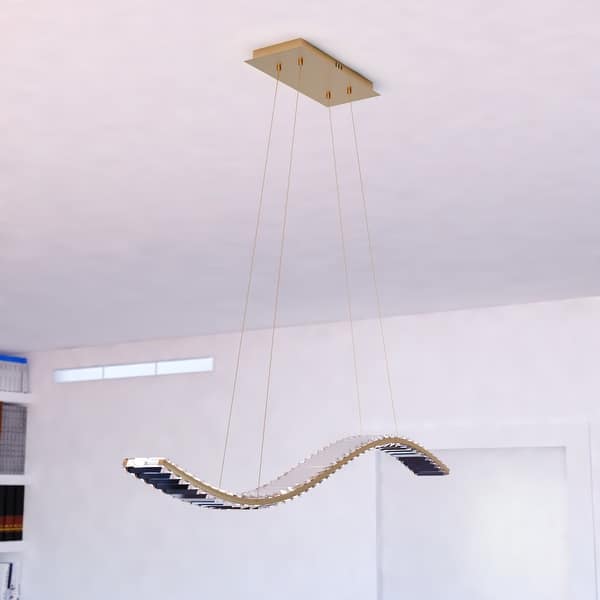 slide 2 of 10, Edgewater 1L LED Gold Brass Contemporary Crystal Linear Chandelier Island Pendant Light Fixture - 37.5-in W x 5-in H x 4.25-in D Gilded Brass - 37.5-in W x 5-in H x 4.25-in D