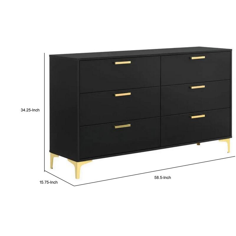 59 Inch Wood Dresser with 6 Drawers, L Shaped Legs, Modern Gold, Black