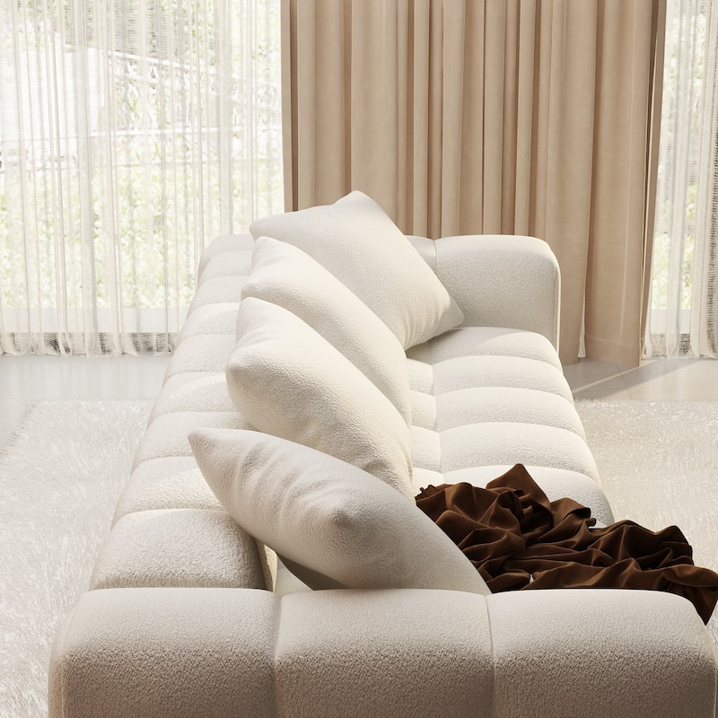 100.8"W Wooden Frame Teddy Velvet Sofa in White Couch 4 Person