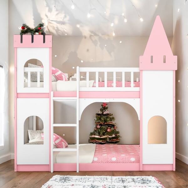 slide 2 of 16, Twin over Twin Castle Bunk Bed with Ladder,Versatile Floor BedEasy to Assemble Pink