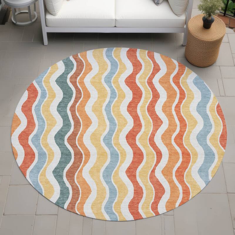 Machine Washable Indoor/ Outdoor Funky Stripe Chantille Rug - Coral - 8' x 8'