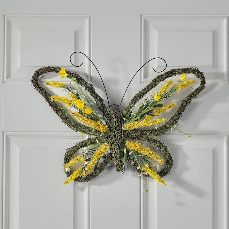 18" Floral Twig/Moss Butterfly Wreath - Yellow