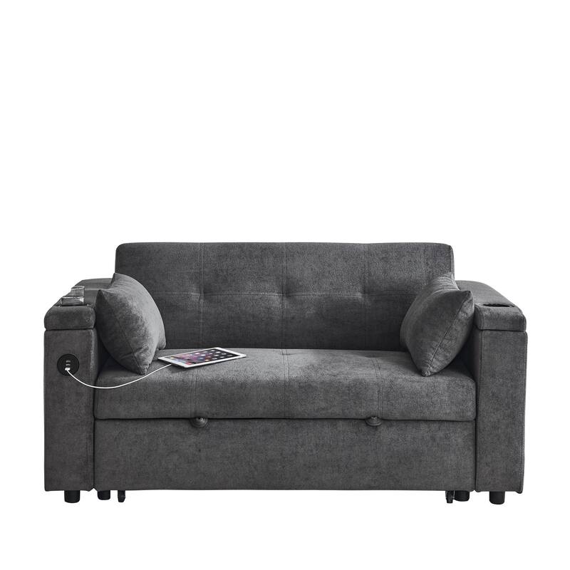 Chenille Pull-Out Sleeper Loveseat Bed Adjustable Backrest Tufted Futon Sofa with 2 Pillow and USB Ports, Pockets