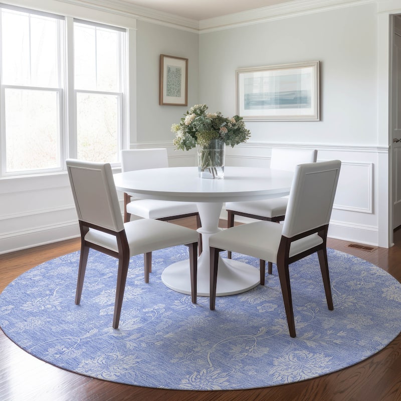 Machine Washable Indoor/ Outdoor Chantille Casual Floral Farmhouse Rug - Sky - 8' x 8'