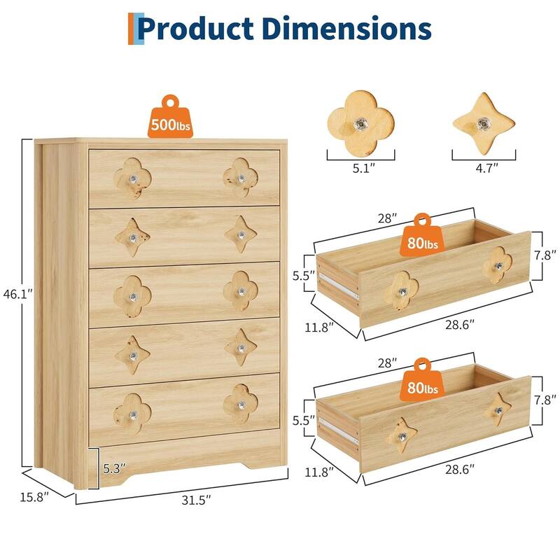 Fluted 5 Drawer Tall Dresser for Bedroom, Living Room, Hallway