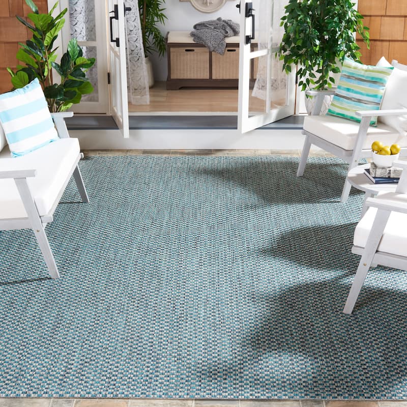 SAFAVIEH Courtyard Judi Indoor/ Outdoor Patio Backyard Rug - 9' x 9' Square - Turquoise/Light Grey