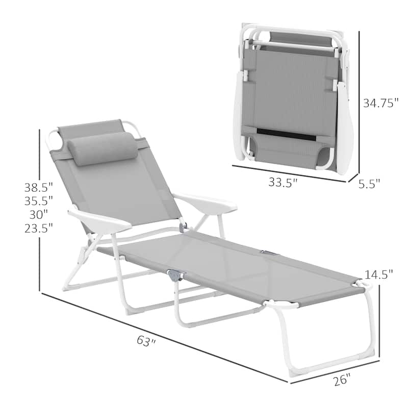 Foldable Adjustable Chaise Lounge Chair with Pillow and Armrests Portable Mesh Sun Lounger for Patio Poolside and Backyard