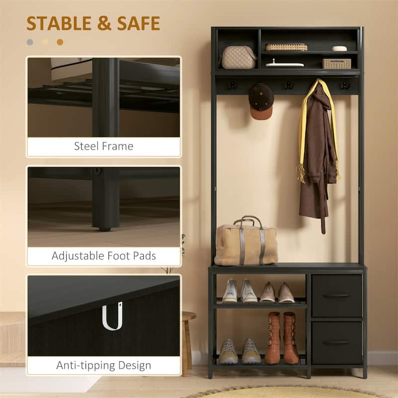 5-in-1 Hall Tree with Bench Coat Hooks and Storage Drawers for Entryway Hallway or Mudroom - 31.5" W x 11.8" D x 70.9" H