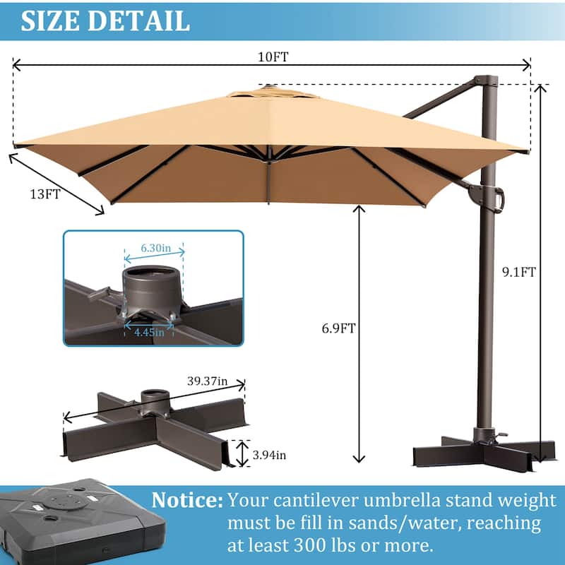 VredHom 10X13 FT Patio Outdoor Cantilever-Offset Umbrella with Base Stand