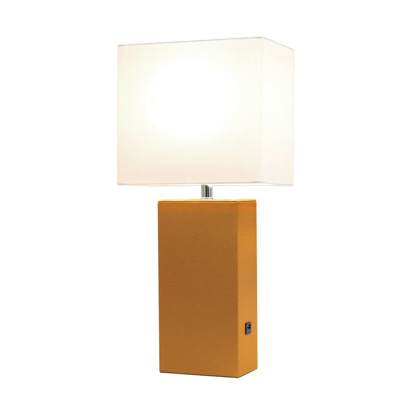 Modern Leather Table Lamp with USB and White Fabric Shade