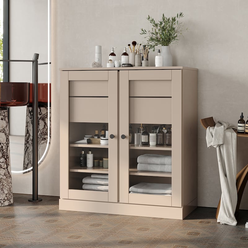 Palace Imports 100% Solid Wood 32" Bathroom Cabinet with Clear Glass Doors, 2-Drawers and Adjustable Shelves - Beige