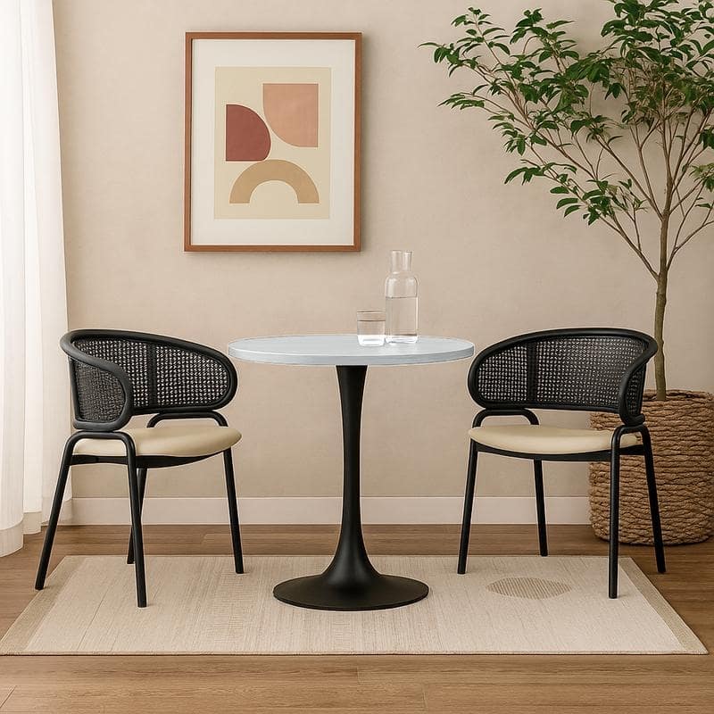 Bristol Mid-Century Modern Round Dining Table for 4 with MDF Top and Sleek Black Iron Base for Kitchen & Dining Room
