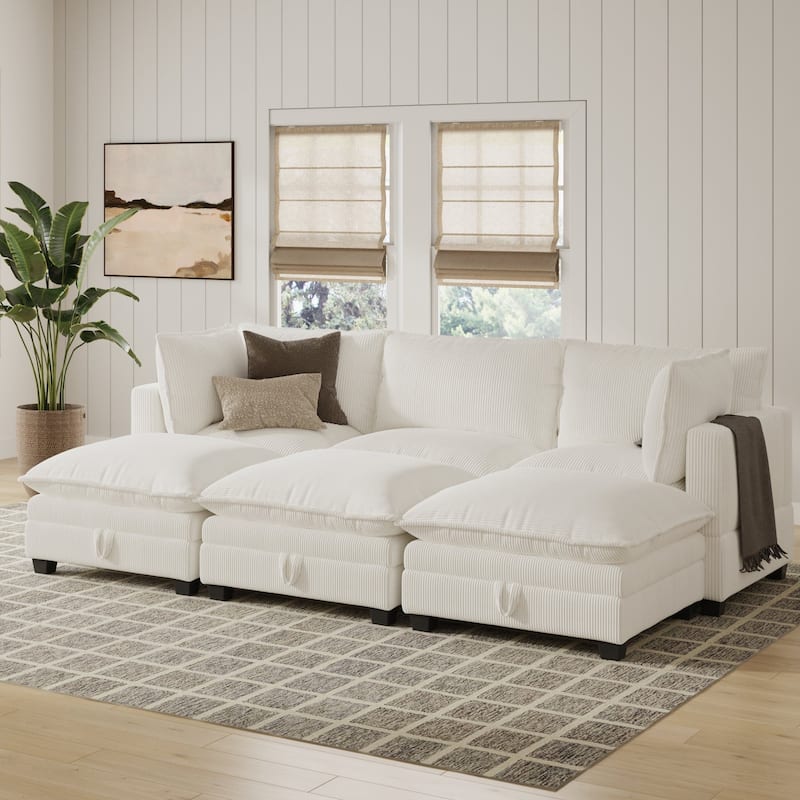 Chelsea Modern Pit Sectional Sofa, Cloud Fabric Modular Sofa with Plush Seat - 6-Seat - with Arms - Pearl White