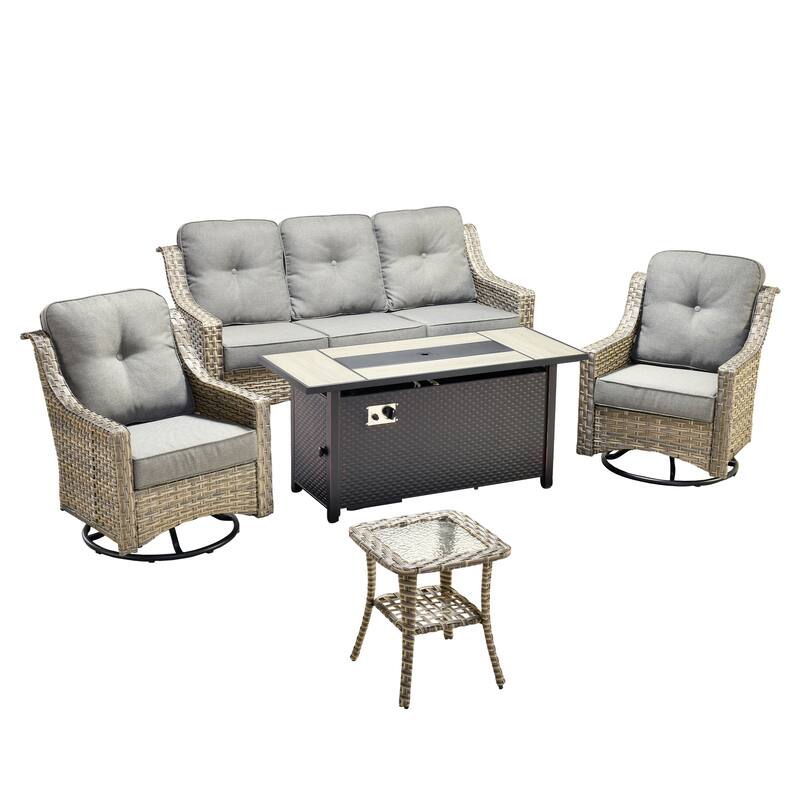 XIZZI 5-Piece Wicker Patio Furniture Set with Sofa, Swivel Chairs & Fire Pit