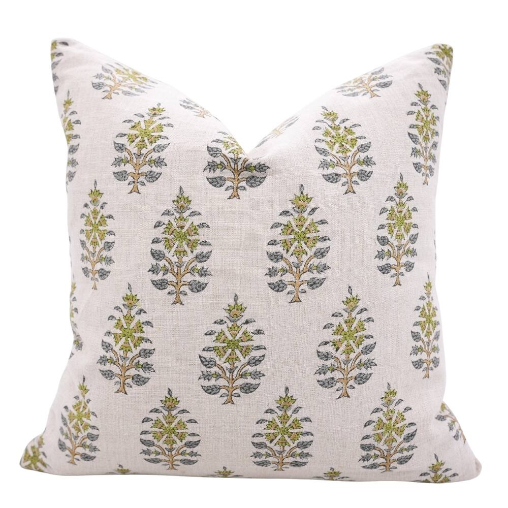 Fabdivine Handmade Block Print Floral Pillow Cover, Soft Pure Linen for Sofa, Alpana