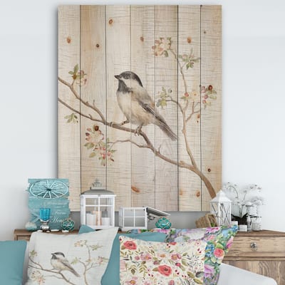 Designart 'Birds on Blossom I' Farmhouse Print on Natural Pine Wood - Multi-color