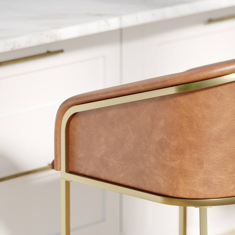 Hampton Modern Bar Stool, Faux Leather and Gold Finish Metal Frame