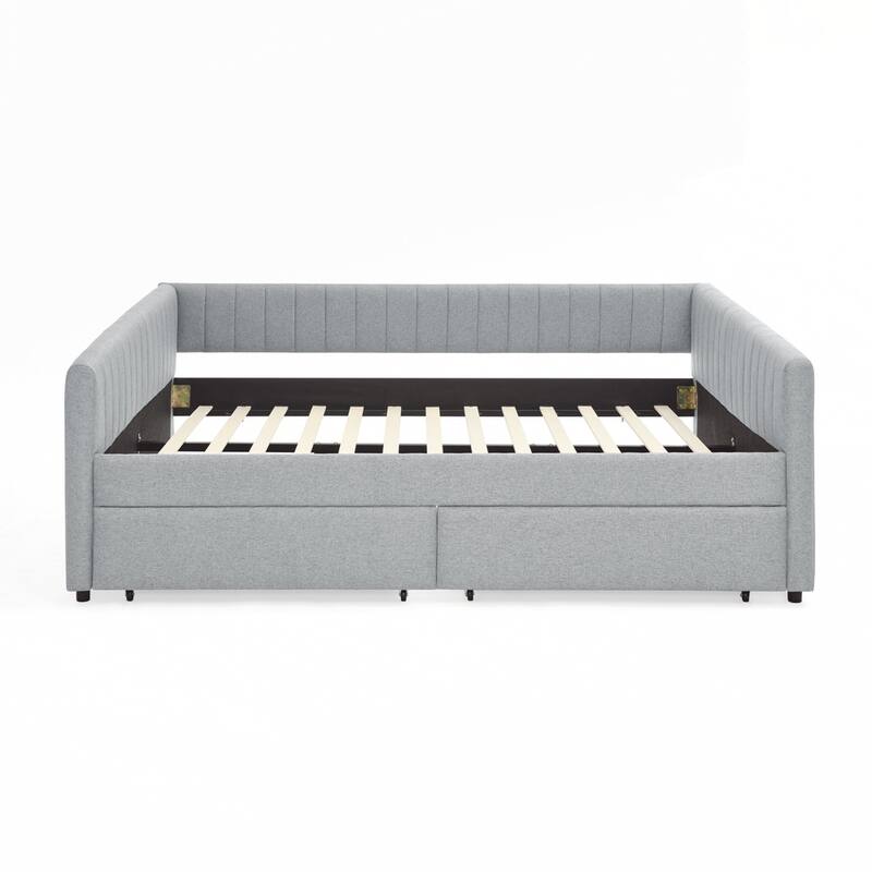 Vertical Stripes Linen Fabric Upholstered Sofa Bed with Two Drawers
