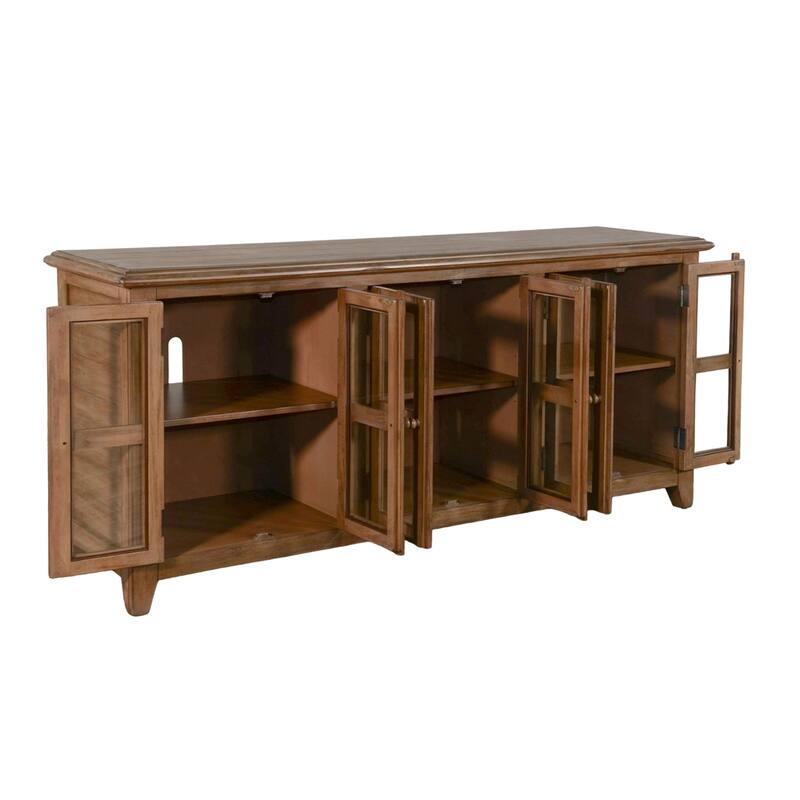 Yael TV Media Console, 6 Shelf, Glass Doors, 70 Inch Light Brown Wood