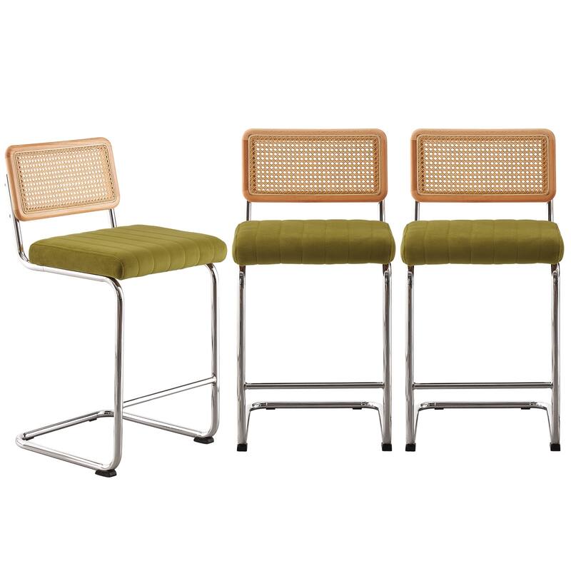 Velvet Upholstered Rattan Counter/Bar Stools, Set of 2/3 - Set of 3 - 26"Silver Legs-Olive Green