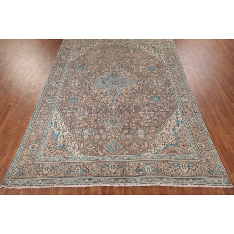 Brown Distressed Tabriz Vintage Persian Area Rug Handmade Wool Carpet - 8'3" x 11'4"