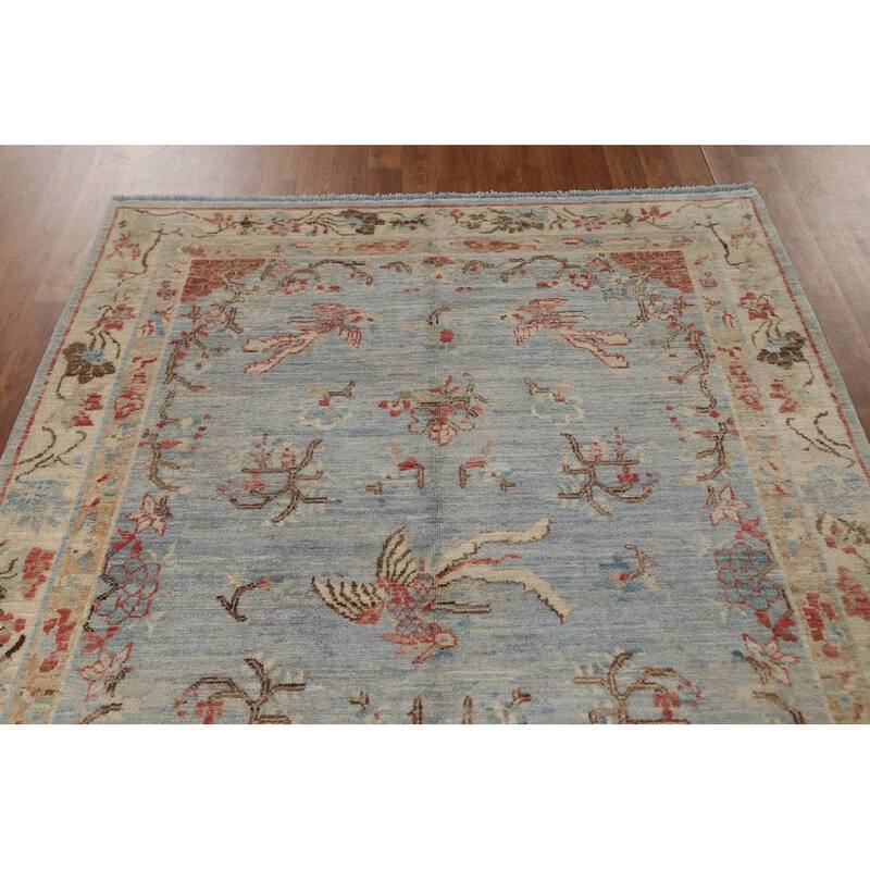 Hand Knotted Oriental 100% Wool Carpet Transitional Floral Navy Blue & Blues Oushak Area Rug - 6' 11'' X 4' 11''