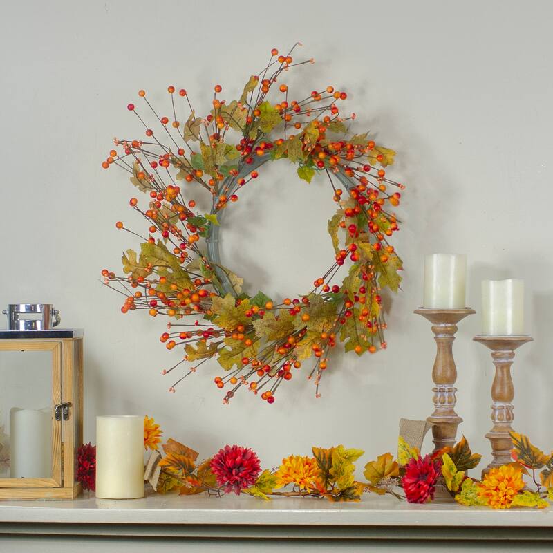 Berries and Maple Leaves Fall Harvest Artificial Twig Wreath - 22"