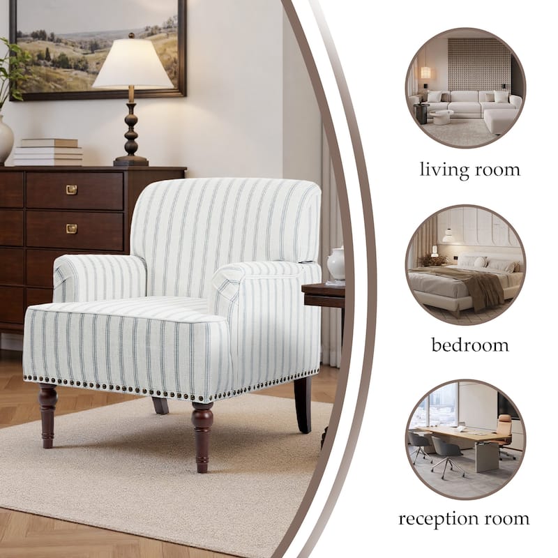 Striped Upholstered Linen Armchair with Brass Nailhead Trim