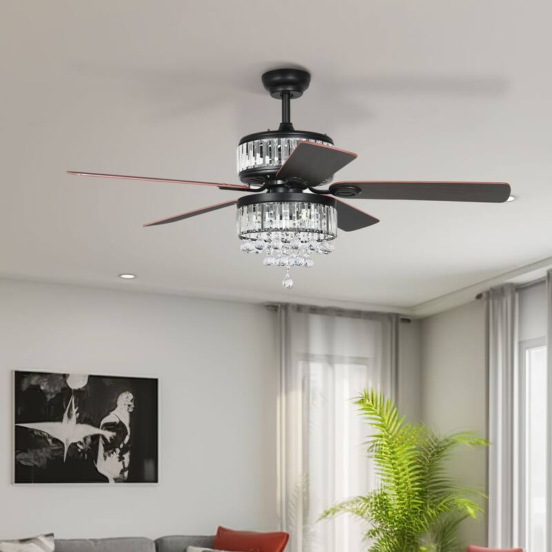 Moasis 52" Chandelier Crystal Ceiling Fan Light with Remote Control - Black