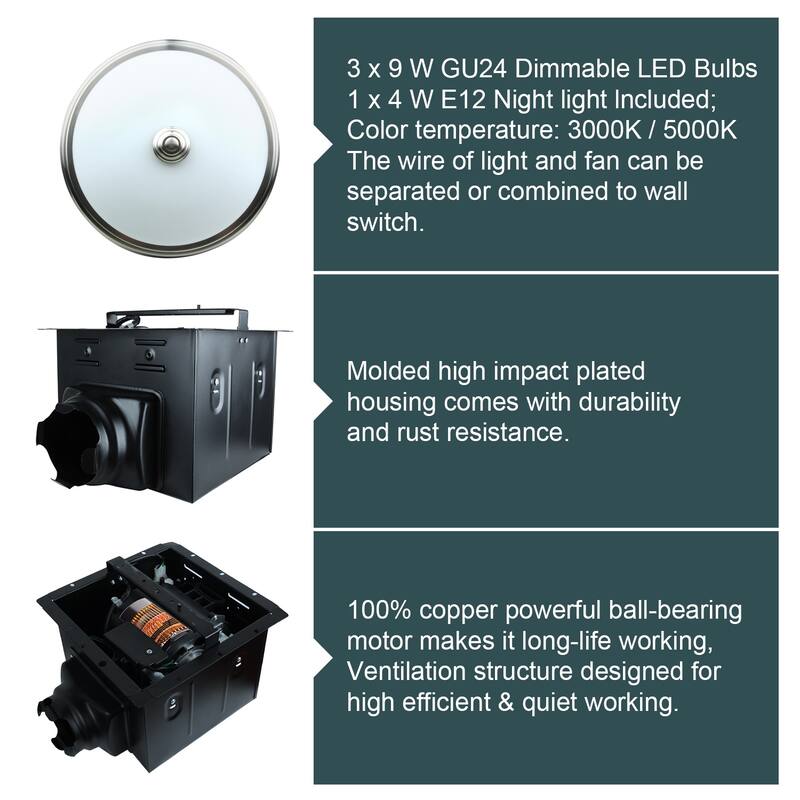 Exhaust Fan, Ultra Quiet 110 CFM 1.5 Sones Ventilation Exhaust Bathroom Fan with Light and Nightlight, 3 Years Warranty
