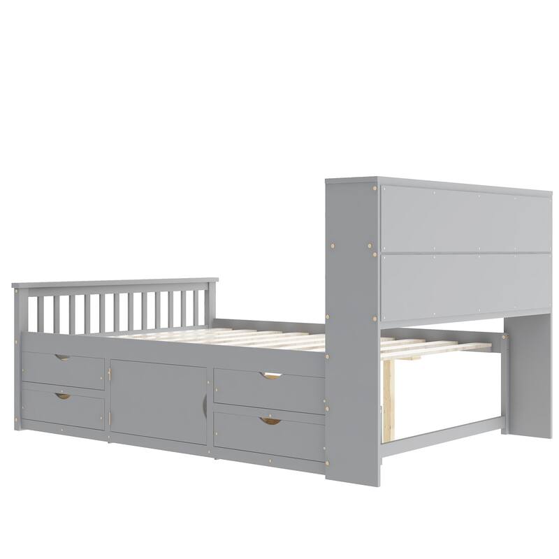 Full Size Storage Platform Bed Captain Bed with 4 Drawers and Storage Headboard, Wood Slats Support No Box Spring Needed