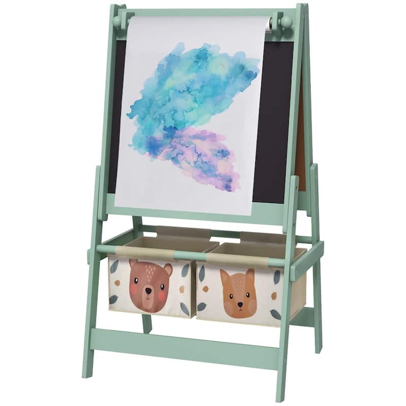 3-in-1 Kids Art Easel with Blackboard Whiteboard Paper Roll Storage Baskets Adorable Animal Design for Toddlers - Green