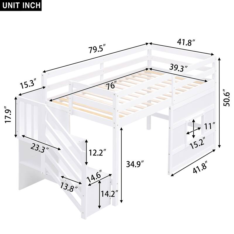 Twin Size Loft Bed with Storage Staircase, Window, and LED Light, White
