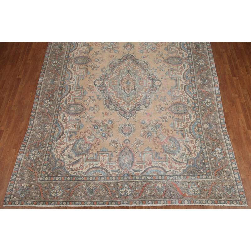 Hand Knotted Oriental 100% Wool Carpet Traditional Medallion Peach Tabriz Area Rug - 12' 8'' X 9' 8''