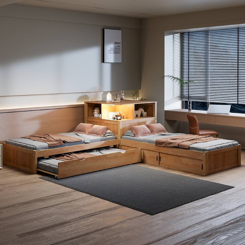 Twin Size L-shaped Bed Frame with Trundle Bed and Storage Cabinets, Desk, Lighting, Corner Platform Storage Bed Frame - Natural - Twin