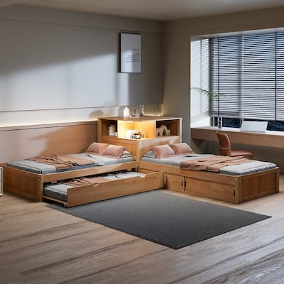 Twin Size L-shaped Bed Frame with Trundle Bed and Storage Cabinets, Desk, Lighting, Corner Platform Storage Bed Frame